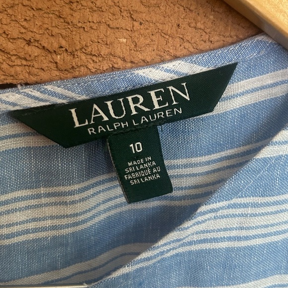 Lauren Ralph Lauren Blue & White Striped 100% Linen Wife Leg Jumpsuit Size 10 - Picture 4 of 7